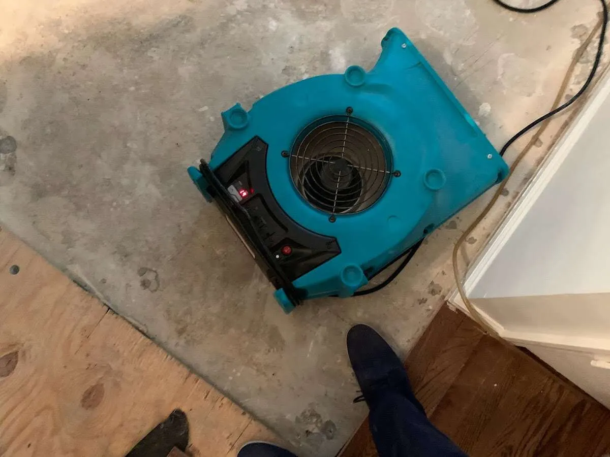 Air mover drying subfloor during Leak Detection & Repair in South Hadley